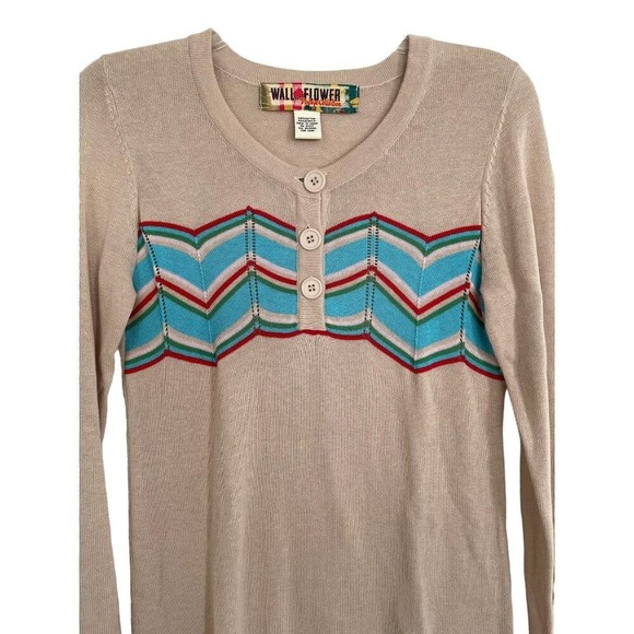 Wall Flower Vintage Collection Beige Chevron Fringe Sweater Tunic Top Boho Med - Picture 6 of 6